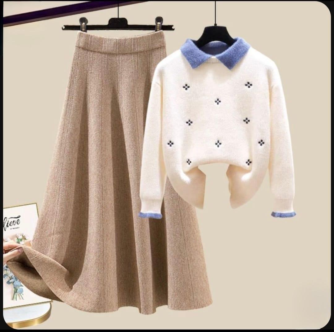 трикотажный комплект,трикотажный свитер,свитер с отложным воротником,модные свитера,женский трикотажный костюм с жемчужинами кофта с бусинами и юбка