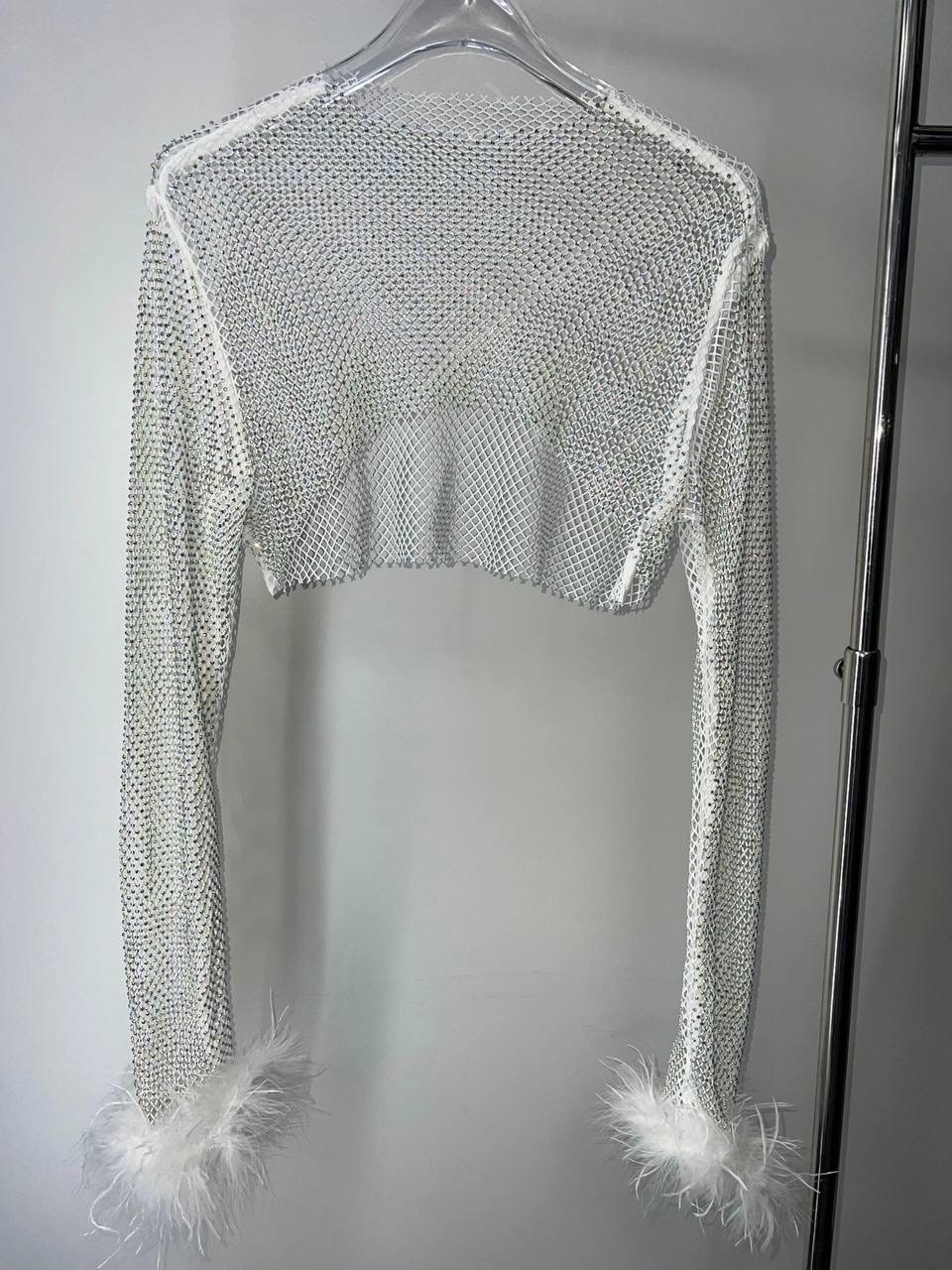 топы модные,топ с круглым вырезом и перьями, длинные рукава, сетка со стразами,кроп топ,накидка на купальник из страз,кроп топ сетка со стразами с длинным рукавом