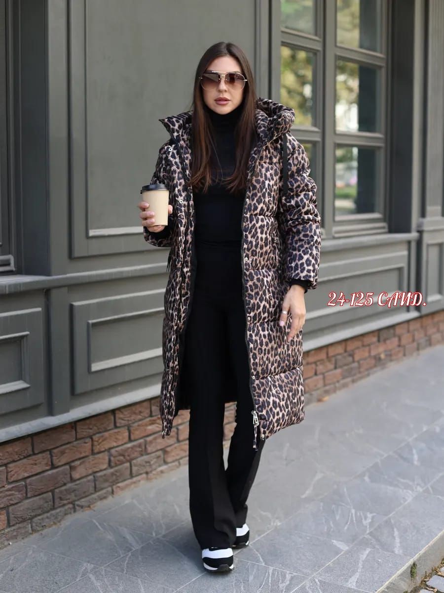 леопардовый пуховик арт. 12012884,леопардовый пуховик,леопардовый пуховик женский,леопардовое пальто,пуховик длинный леопардовый с капюшоном