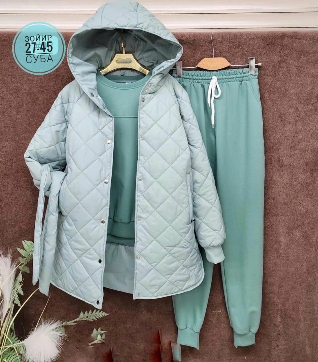 костюм женский на флисе,костюм женский тройка,костюм тройка с курткой,костюм теплый на флисе,костюм спортивный тройка с длинным стеганым пальто cubi shop