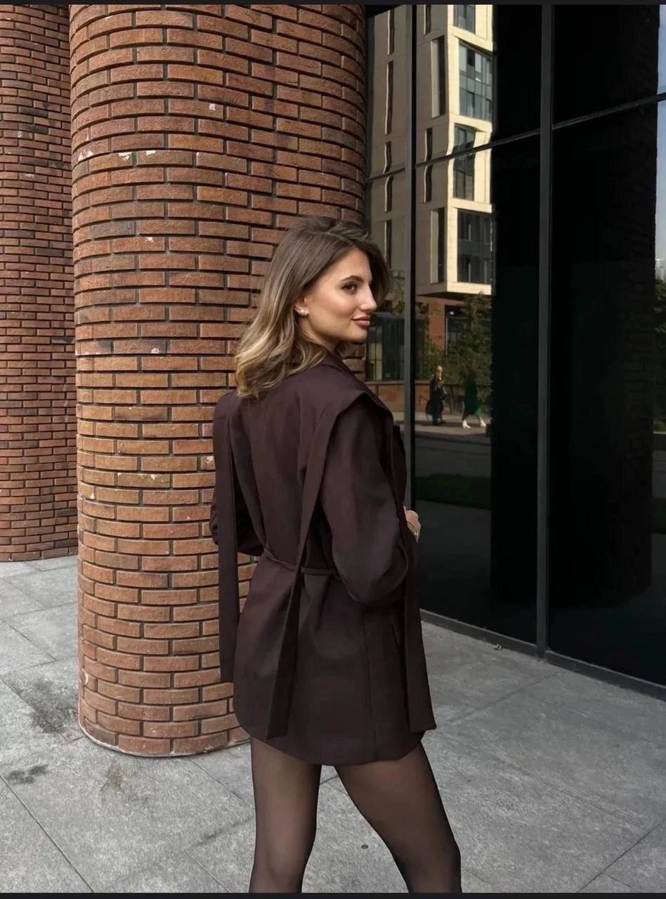 пиджак свободного кроя,женские пиджаки,пиджак с лентами завязками оверсайз удлинённый шоколадный,пиджак женский коричневый,женский пиджак оверсайз