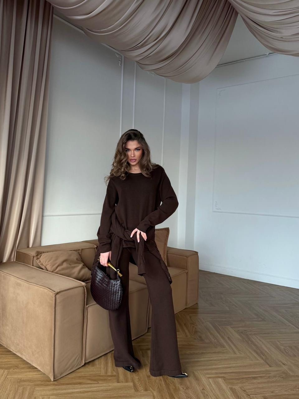 брючный костюм,костюм женский с брюками палаццо,трикотажный костюм с брюками осенний оверсайз bapani,костюм с брюками трикотажный вязаный lucky girl la цвет коричневый,трикотажный костюм