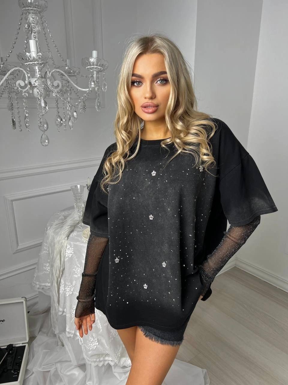 кофта женская,футболка женская оверсайз со стразами,толстовки свитшот,футболка оверсайз удлиненная со стразами tosha