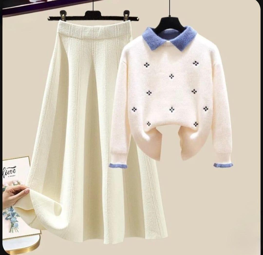 трикотажный комплект,трикотажный свитер,свитер с отложным воротником,модные свитера,женский трикотажный костюм с жемчужинами кофта с бусинами и юбка