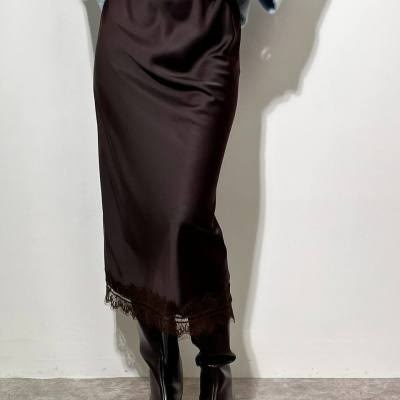 юбка атласная кружево,юбка миди с кружевной отделкой коричневый,юбка с кружевами,кружевная юбка,атласная юбка