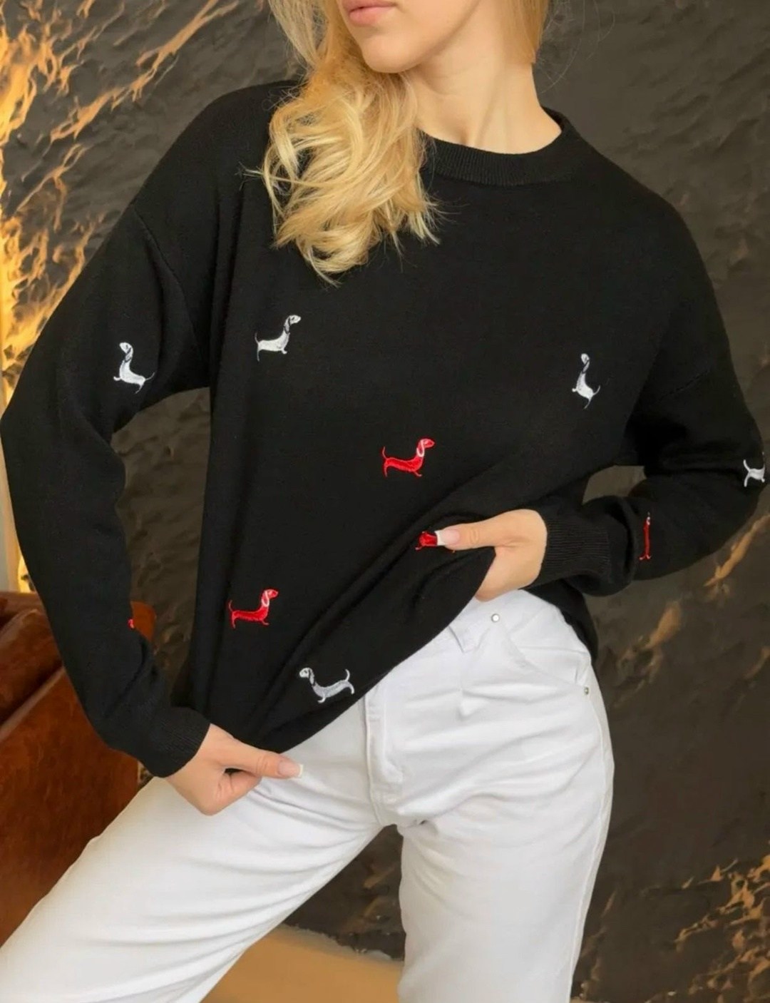 свитер с вышивкой таксы,свитер с вышивкой таксы с комфортным кроем,женская кофта,свитер с вышивкой,свитер beststyle с милыми вышитыми таксами