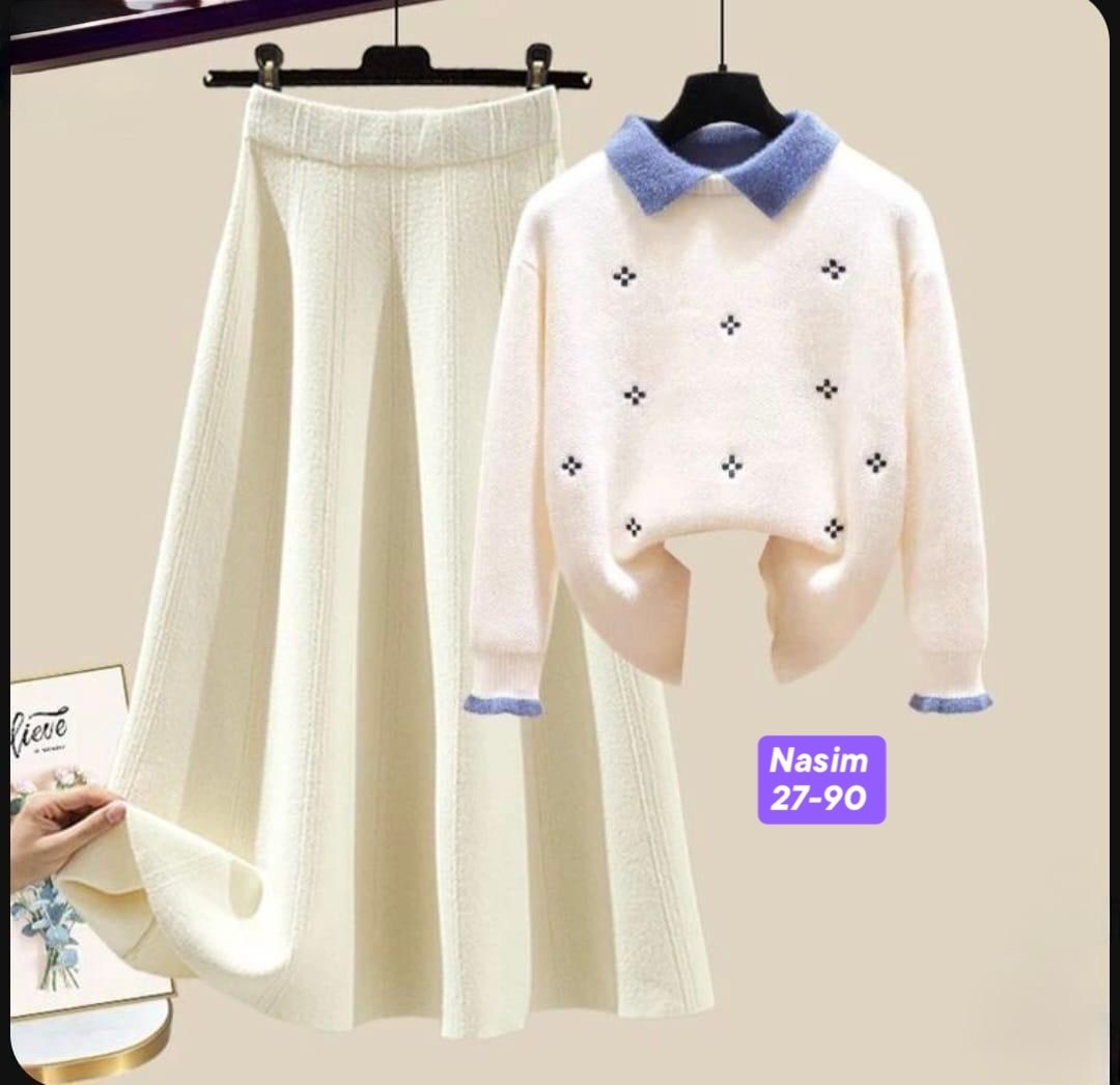 женский трикотажный костюм с жемчужинами кофта с бусинами и юбка,трикотажный комплект,трикотажный свитер,свитер и юбка,вязаные комплекты