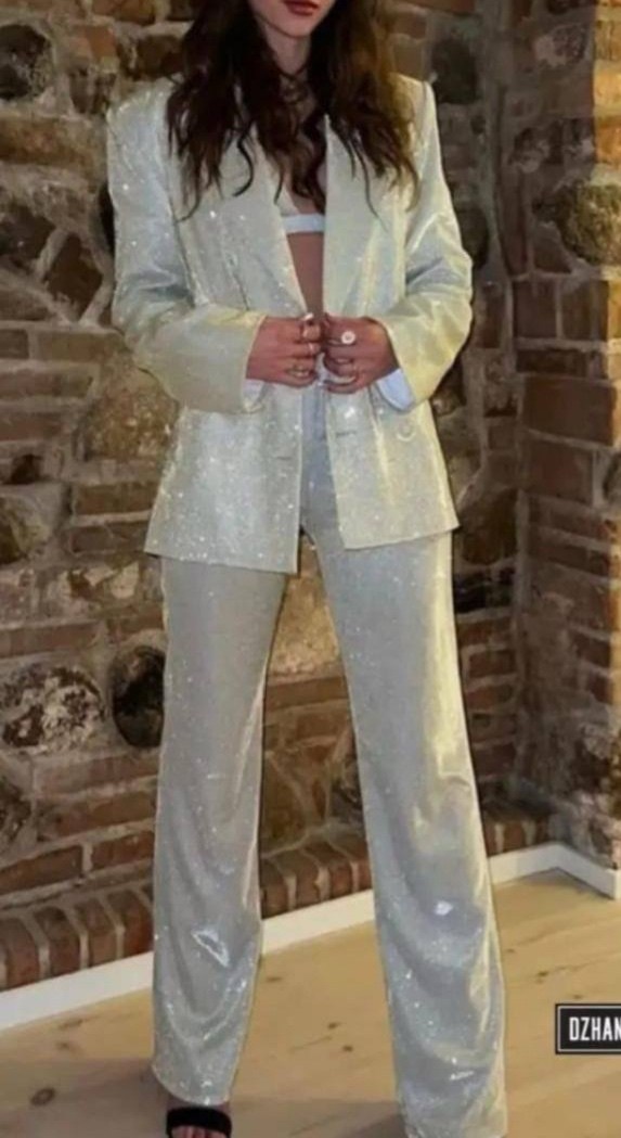 блестящий брючный костюм,glitter silver party two piece pants set women outfits blazer,блестящие пиджаки,женский блестящий пиджак,блестящий топ под пиджак