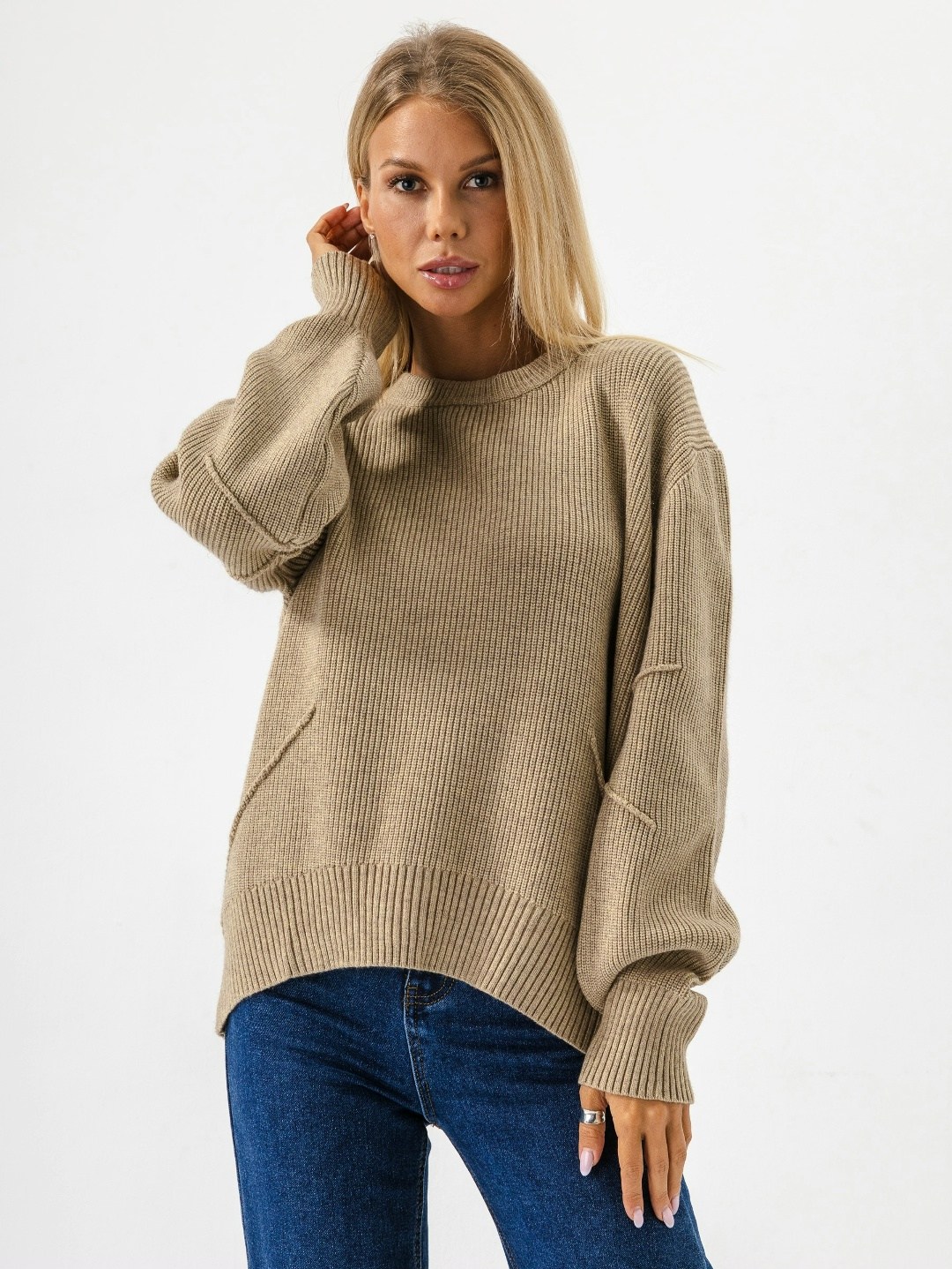 свитер вязаный оверсайз smile&shine,бежевый джемпер,вязаный джемпер женский оверсайз,женский вязаный свитер оверсайз,женский удлиненный вязаный свитер оверсайз happyfox