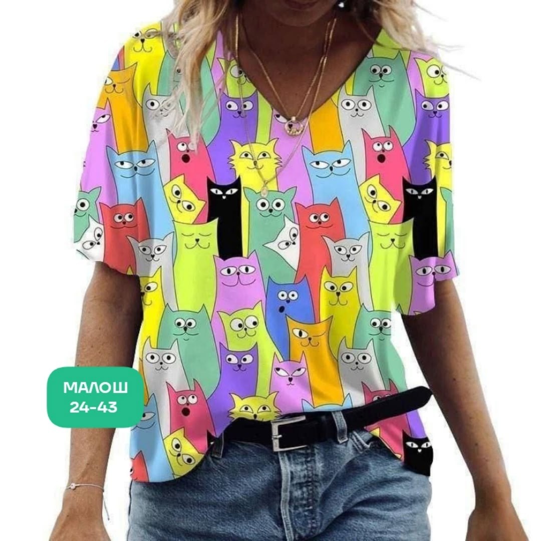 женские футболки с принтом,футболка женская,летние женские футболки,модные футболки,блузка с котиками