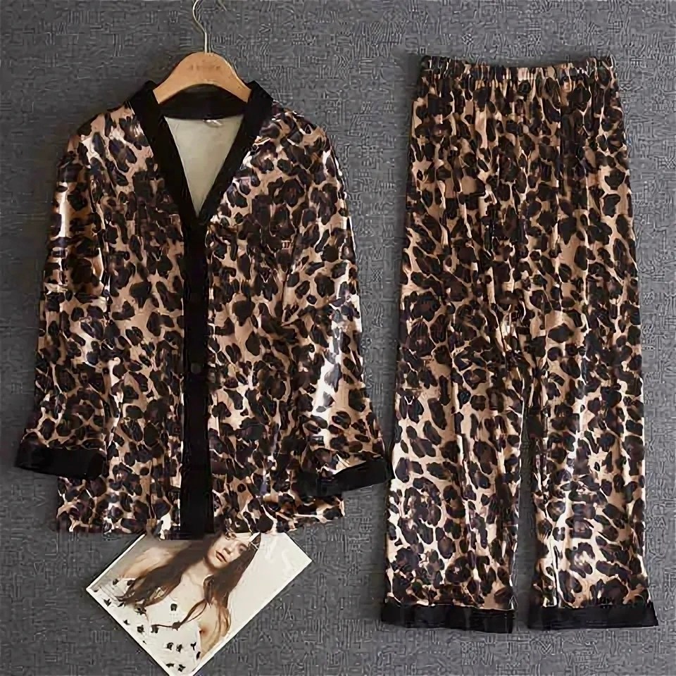 пижама леопардовая,пижама женская домашняя с леопардовым принтом и v-образным вырезом,пижама женская осенняя с леопардовым принтом и длинным рукавом,пижамы для женщин,женская пижама с леопардовым прин