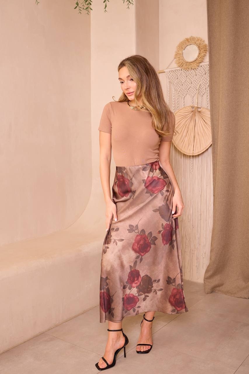 юбка,коричневая шелковая юбка,юбка с принтом,юбка атласная,юбка женская