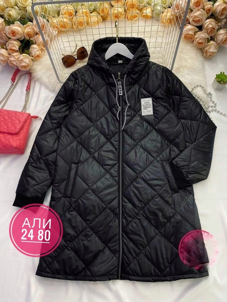 куртка женская,куртка демисезонная,куртка женская модная,куртка женская черный,стеганая куртка с капюшоном 64-72