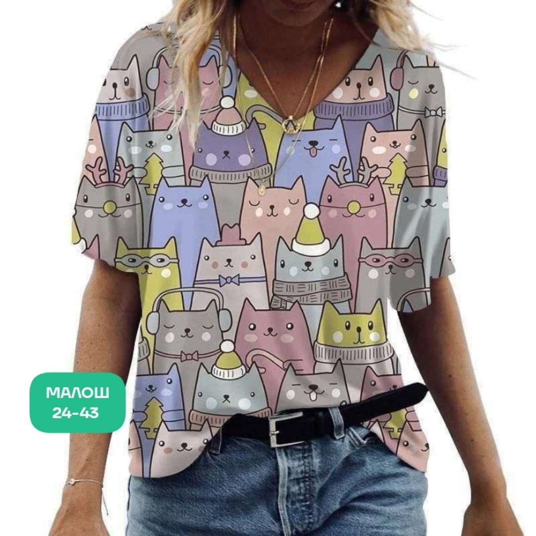 женские футболки с принтом,футболка женская,летние женские футболки,модные футболки,блузка с котиками