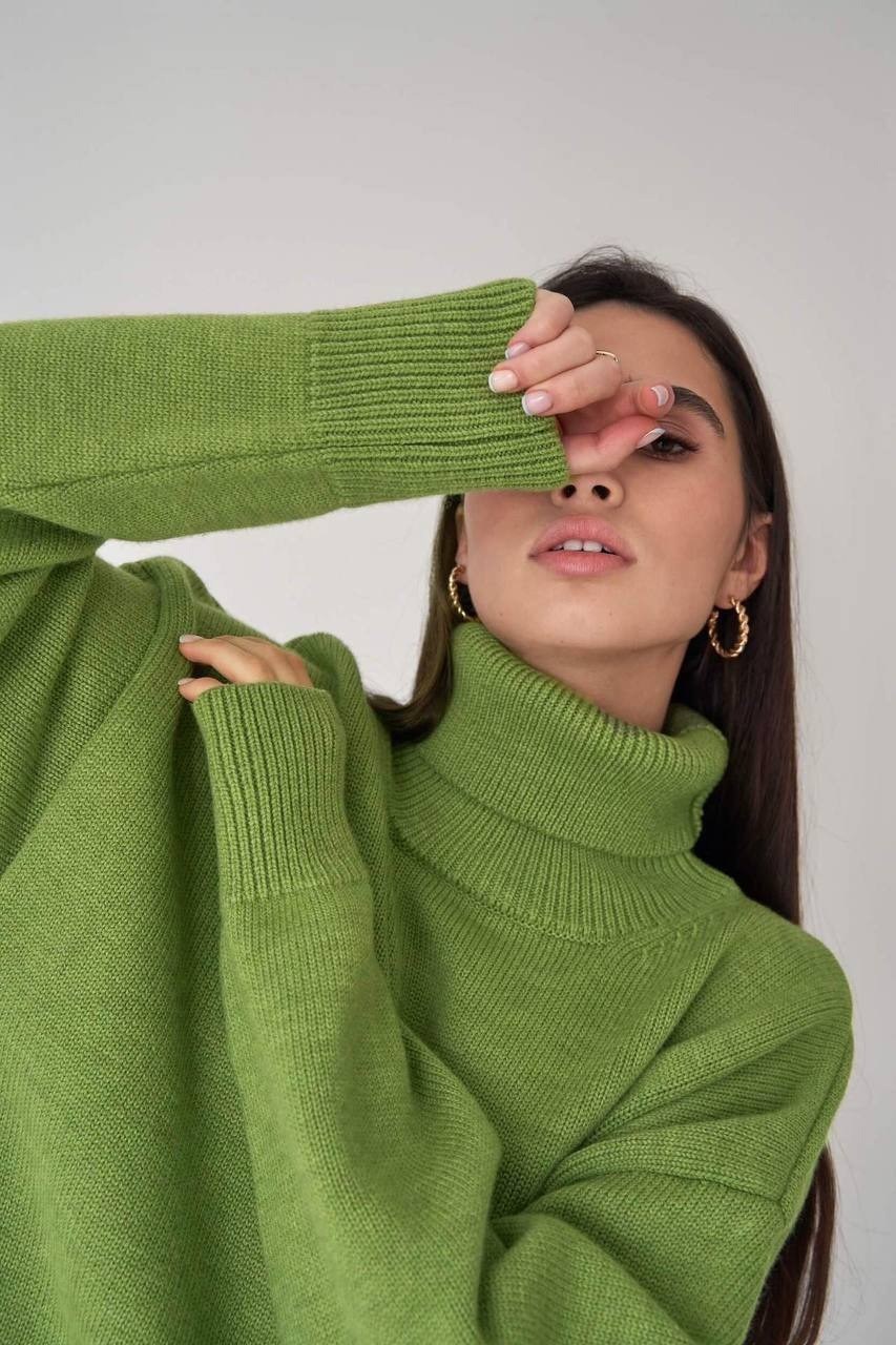 свитер feabrate светло-зеленый,женский свитер с высоким воротом,свитер женский зеленый,свитер с воротом,свободный однотонный свитер с высоким воротом