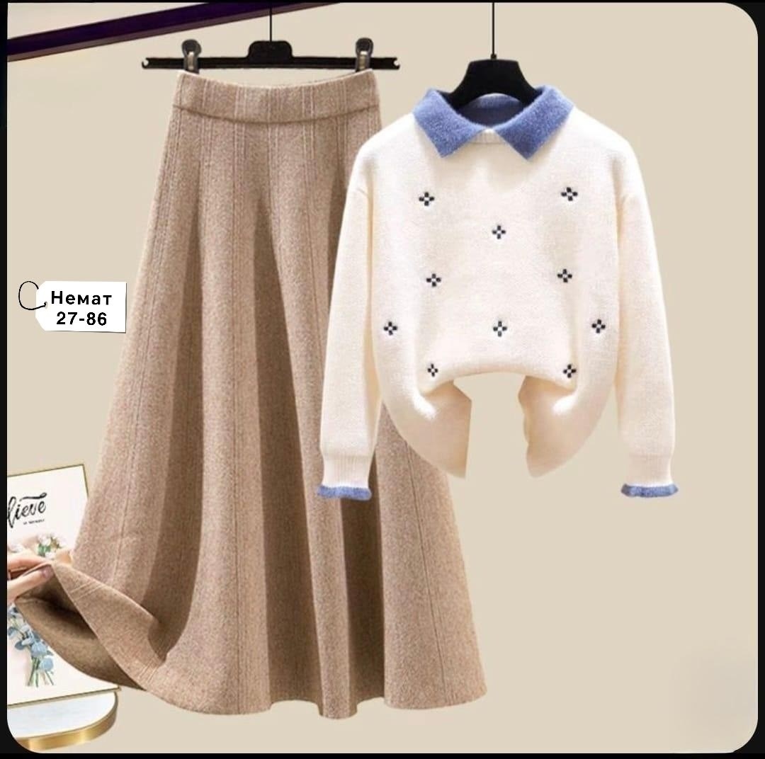 трикотажный комплект,трикотажный свитер,трикотажные костюмы,свитер с отложным воротником,свитер и юбка