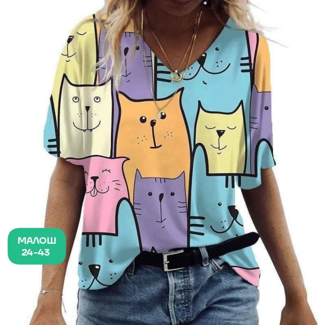 женские футболки с принтом,футболка женская,летние женские футболки,модные футболки,блузка с котиками