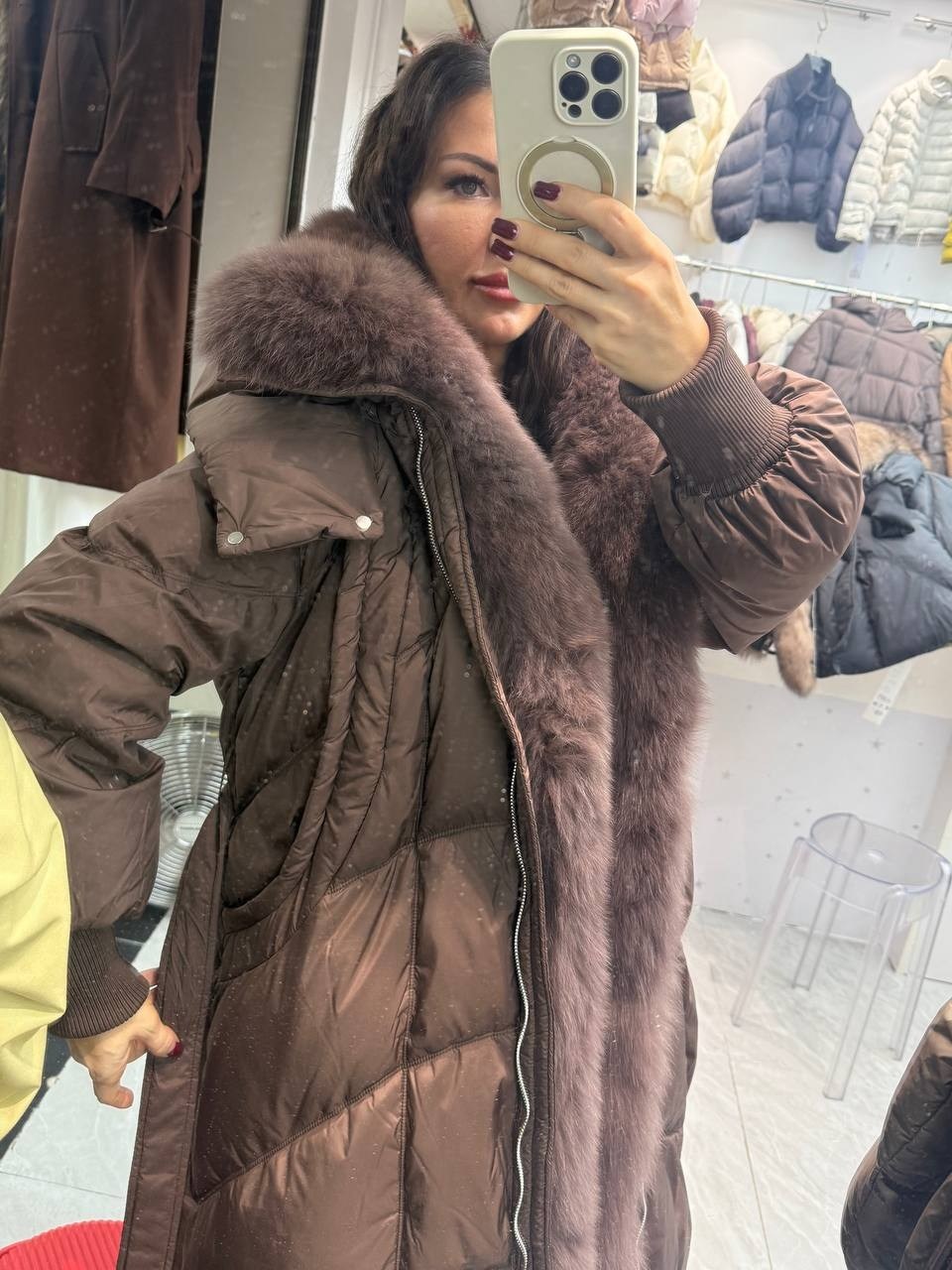 длинный пуховик с мехом натуральной лисы и капюшоном mexrussia,пуховики с натуральным мехом,пуховик с мехом,длинные пуховики,пуховик женский с мехом лисы