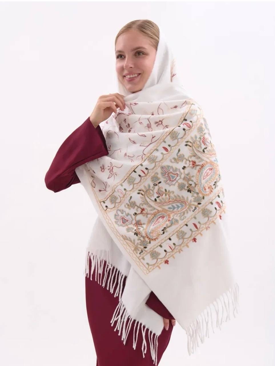 палантин кашемир шарф теплый,шарф палантин кашемир вышитые цветочные детали,палантин для женщин,палантин женские,кашемировый шарф-палантин с узорчатой вышивкой для женщин