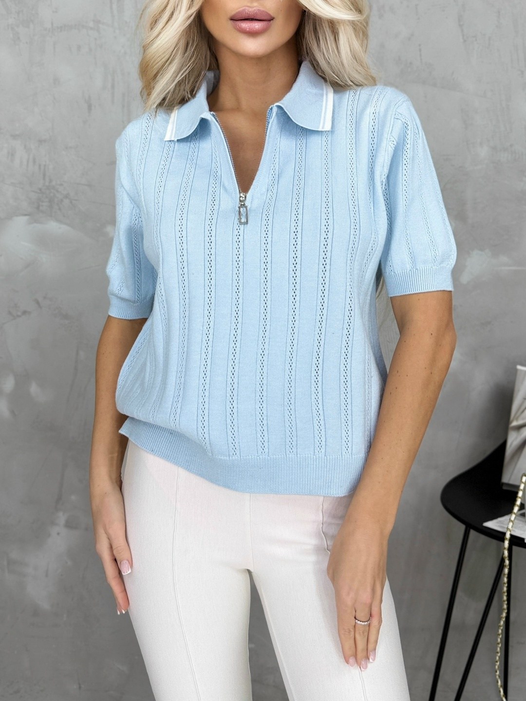 женский джемпер,джемпер голубой,джемпер вязаный поло женский,джемпер женский поло,джемпер
