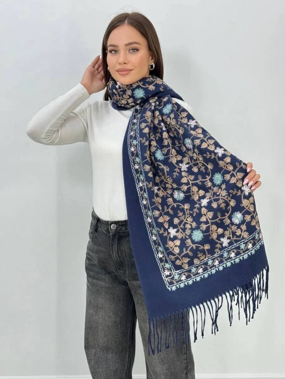 палантин кашемир шарф теплый,шарф палантин кашемир вышитые цветочные детали,палантин для женщин,палантин женские,кашемировый шарф-палантин с узорчатой вышивкой для женщин