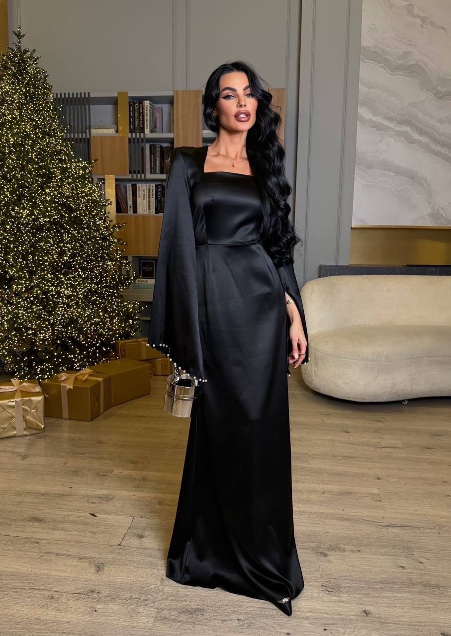 атласное вечернее платье,элегантное атласное вечернее платье-макси с v-образным вырезом и длинными рукавами,чёрное вечернее платье,вечернее платье,женские вечерние платья
