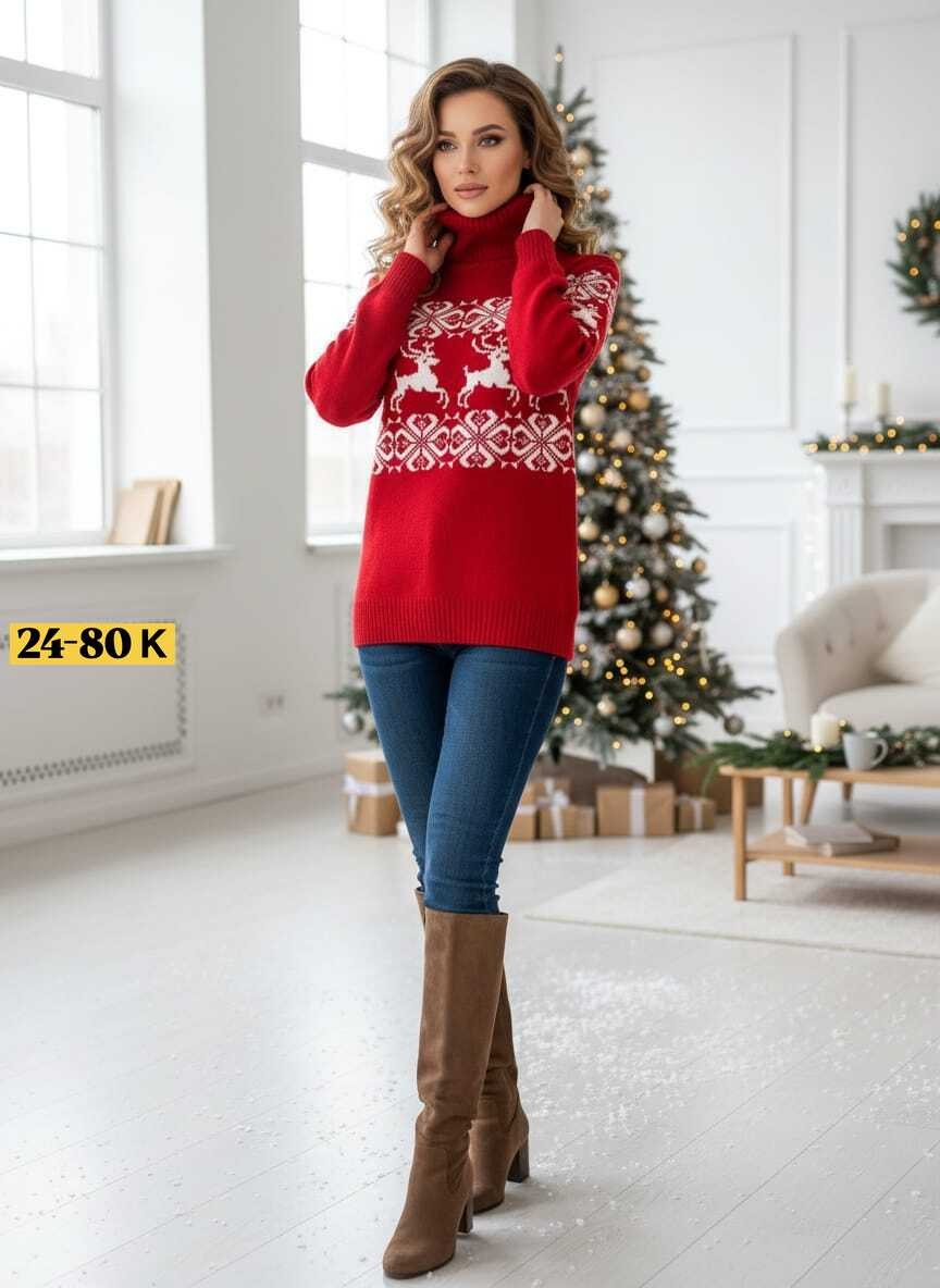 новогодний женский свитер,новогодний свитер женский с оленями с горлом,свитер с оленями женский,красный свитер с оленями,свитер новогодний с оленями и снежинками