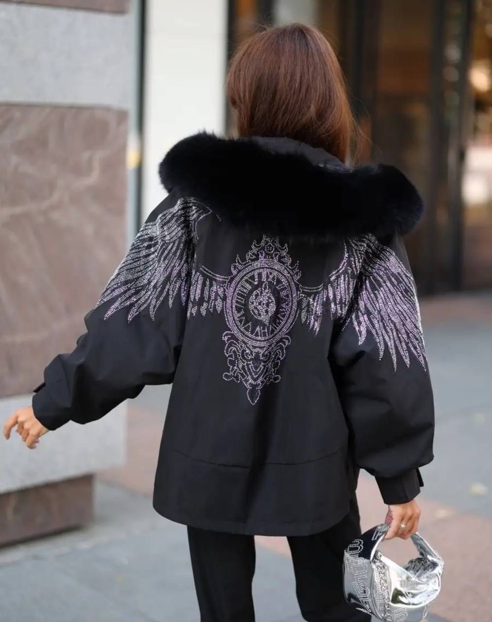 парка бомбер с мехом песца,куртка с крыльями,куртка с крыльями из страз,парка зимняя с натуральным мехом песца куртка бомбер,куртка с крыльями на спине