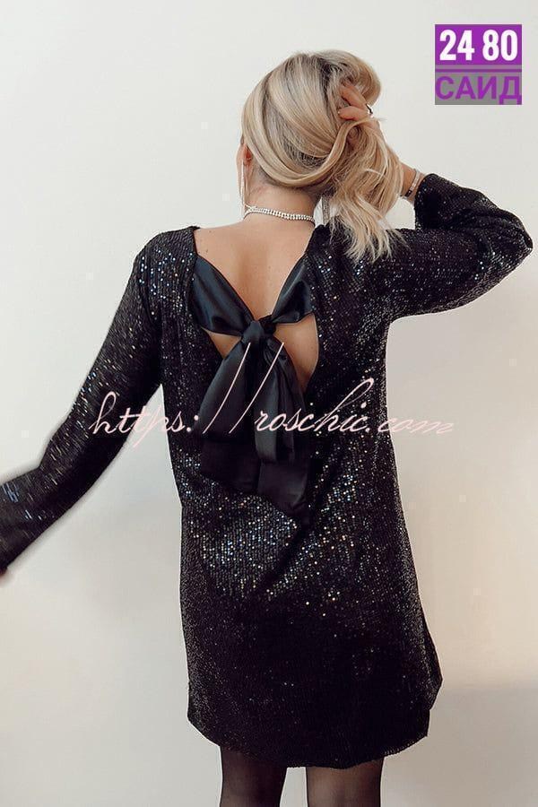 платье с блестками,платье с пайетками,платье мини из ткани с пайетками с бантом (черный),женское платье,женское платье с блестками