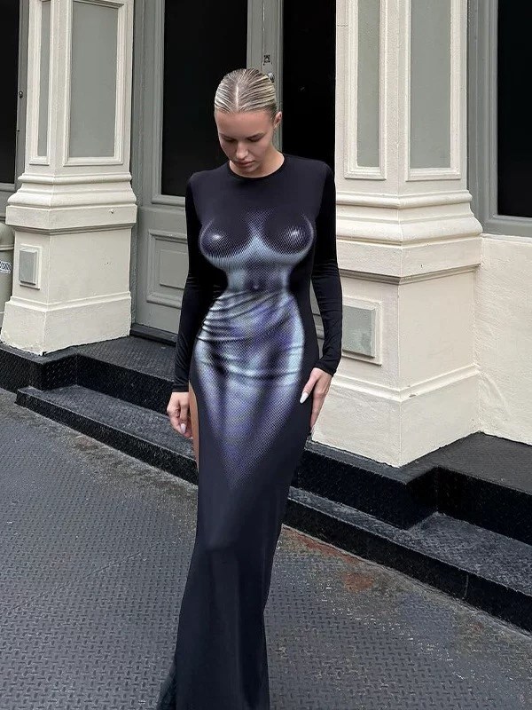 облегающее платье,женское длинное облегающее платье с длинным рукавом,женское облегающее платье с длинным рукавом,облегающее длинное платье с 3d принтом