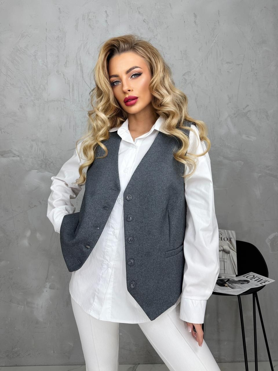 женская жилетка,классический жилет,жилет женский,костюм брючный вельветовый с жилеткой 399gry серый,жилет