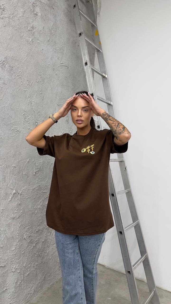 футболка y2k оверсайз zi-bella цвет шоколадный,футболка женская оверсайз,женская футболка,футболка оверсайз,футболка оверсайз с принтами
