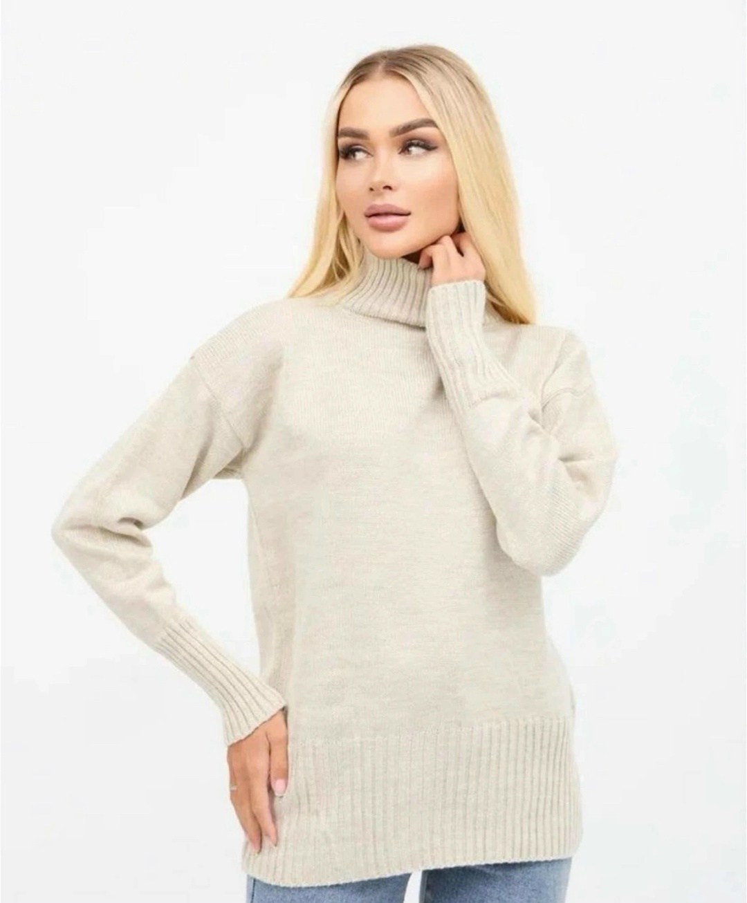 бежевый свитер,бежевый джемпер,удлиненный свитер,свитер с горлом,свитера женские