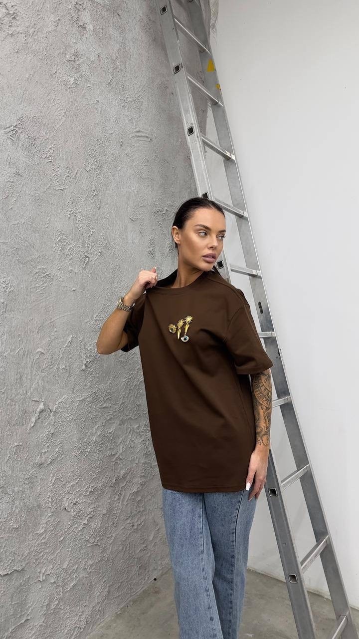 футболка y2k оверсайз zi-bella цвет шоколадный,футболка женская оверсайз,женская футболка,футболка оверсайз,футболка оверсайз с принтами