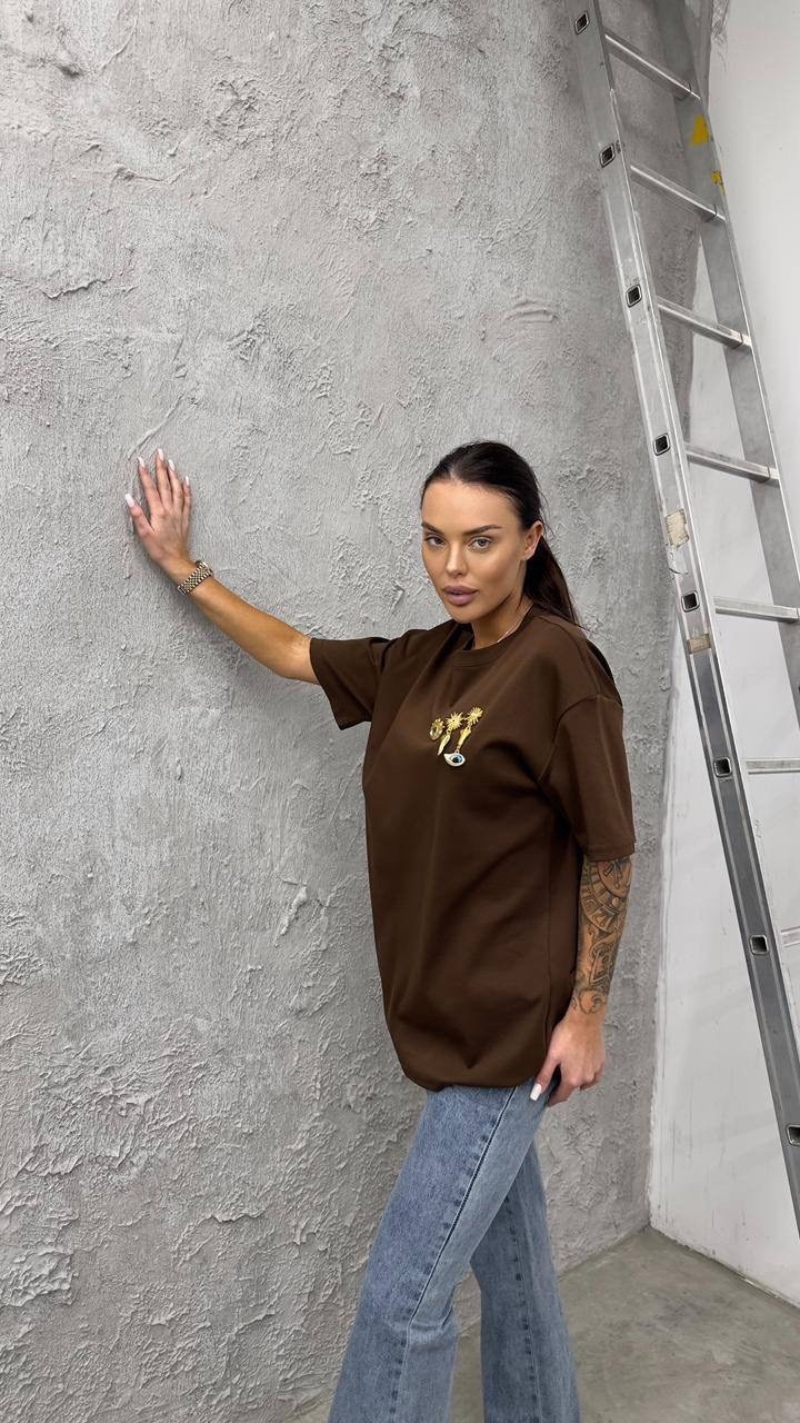 футболка y2k оверсайз zi-bella цвет шоколадный,футболка женская оверсайз,женская футболка,футболка оверсайз,футболка оверсайз с принтами