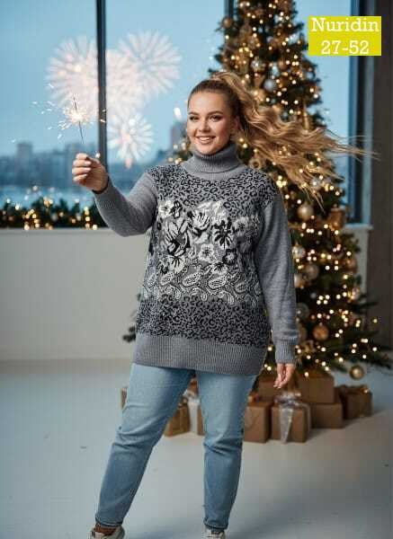 женский свитер,вязаные свитера женские,джемпер вязаный с новогодним принтом,свитер,джемпер