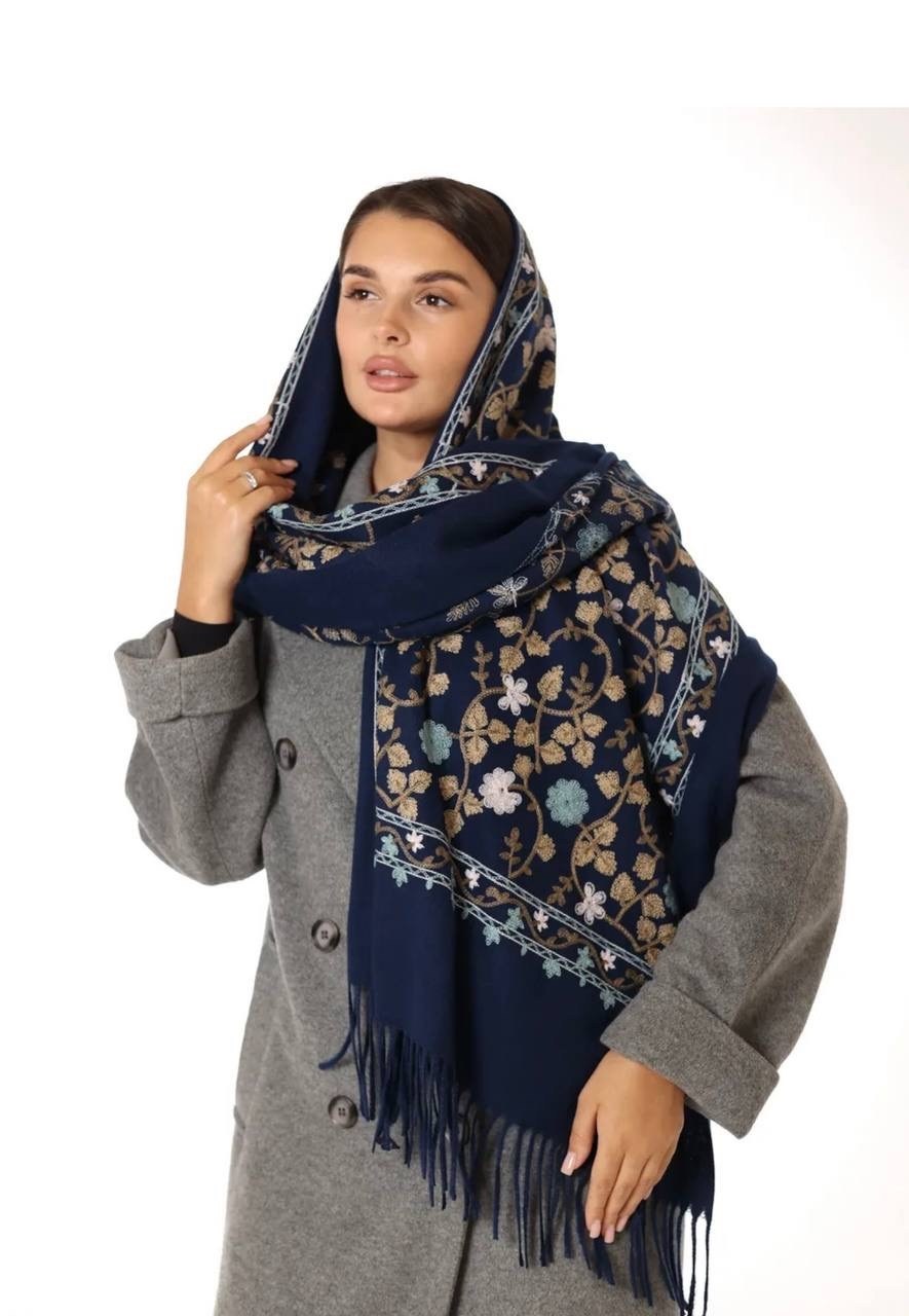 палантин кашемир шарф теплый,шарф палантин кашемир вышитые цветочные детали,палантин для женщин,палантин женские,кашемировый шарф-палантин с узорчатой вышивкой для женщин