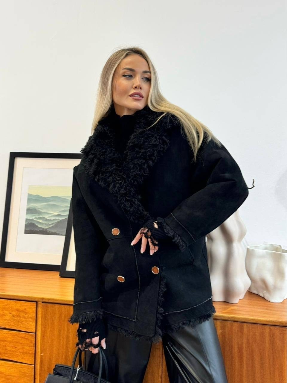 дубленка женская,дубленка черная,женская дубленка из натурального меха,дубленка из натурального меха,полупальто оверсайз