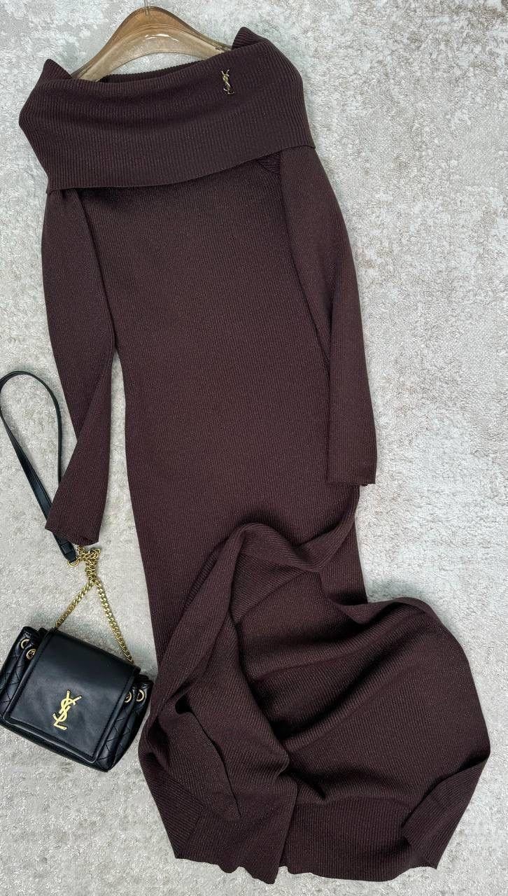 платье трикотажная,вязаное платье,платье,платье женское,коричневое платье-миди с длинными рукавами в рубчик и с открытыми плечами new look