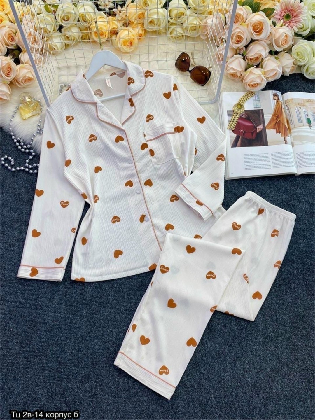 халат пижама,комплект пижама,женская пижама,пижама со штанами и рубашкой с сердечками хлопковая citywear,пижама рубчик