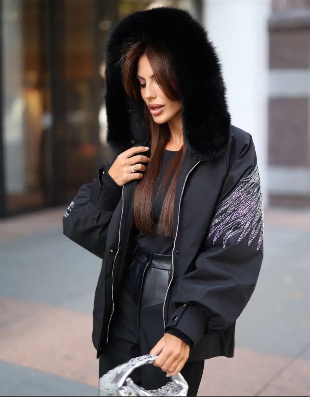 парка бомбер с мехом песца,куртка с крыльями,куртка с крыльями из страз,парка зимняя с натуральным мехом песца куртка бомбер,куртка с крыльями на спине