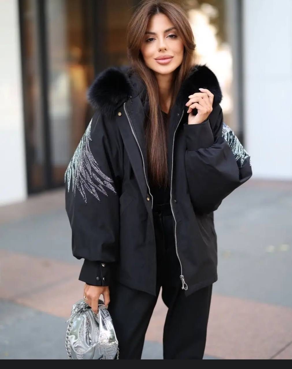 парка бомбер с мехом песца,куртка с крыльями,куртка с крыльями из страз,парка зимняя с натуральным мехом песца куртка бомбер,куртка с крыльями на спине