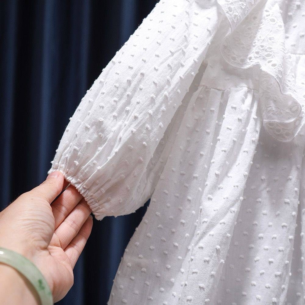 хлопковое платье для девочек,детское белое платье из хлопка с длинным рукавом и рюшами,платье крестильное воланом кружевом летнее milkids,платье хлопковое нарядное для девочки в садик крестильное,блуз
