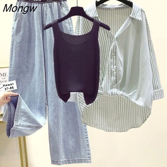 комплекты одежды,рубашка женская в полоску,женский комплект из трех предметов,джинсы в корейском стиле,женские летние комплекты