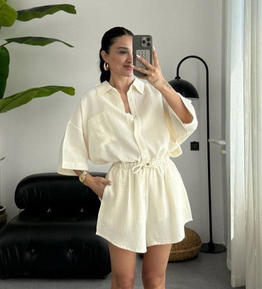 костюм с шортами из марлевки,костюм женский с шортами,костюм женский с шортами и рубашкой,стильные костюмы,костюмы летние с шортами