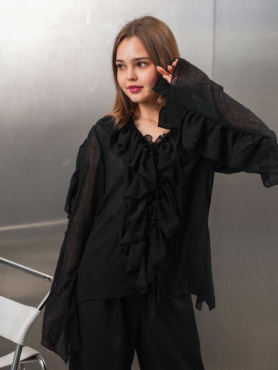 шифоновая блузка черная,блузка с рюшами,женская блуза,блузка нарядная,шифоновая блузка с оборками