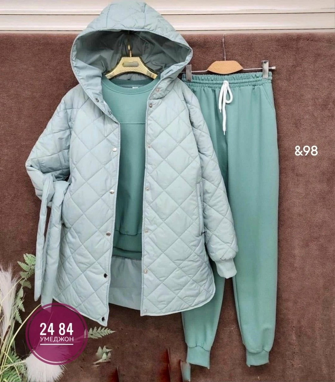 костюм спортивный тройка с длинным стеганым пальто cubi shop,костюм тройка с курткой,костюм женский на флисе,костюм теплый на флисе,костюм женский тройка