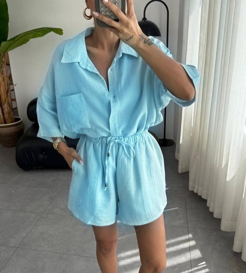 костюм с шортами из марлевки,костюм женский с шортами,костюм женский с шортами и рубашкой,стильные костюмы,костюмы летние с шортами