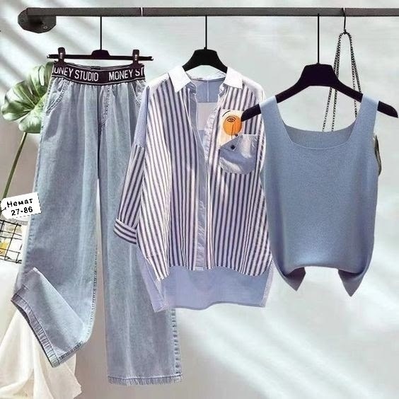 комплекты одежды,рубашка женская в полоску,женский комплект из трех предметов,джинсы в корейском стиле,женские летние комплекты
