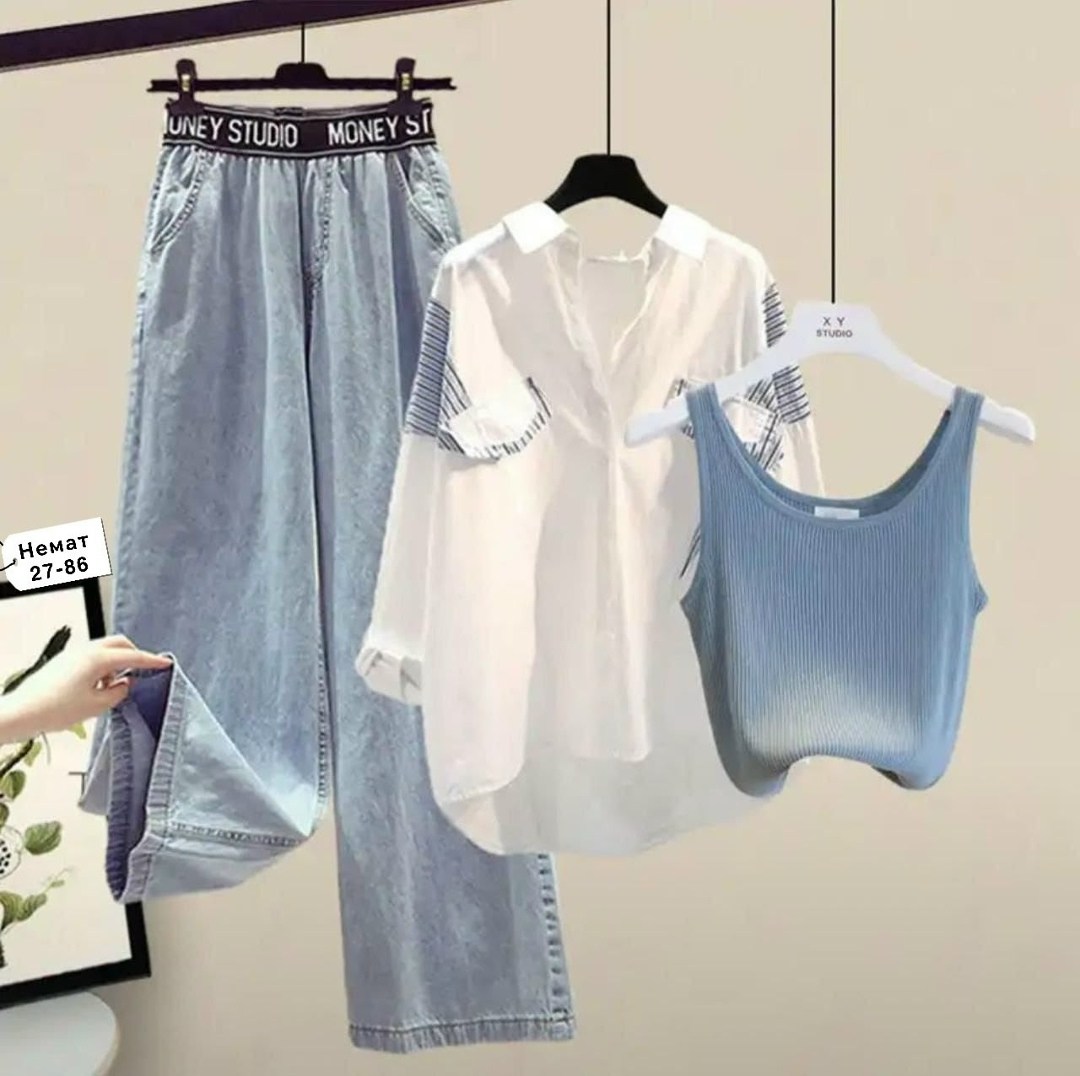 комплекты одежды,рубашка женская в полоску,женский комплект из трех предметов,джинсы в корейском стиле,женские летние комплекты
